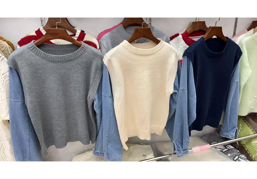 New Round Neck Denim Sleeve Patchwork Knit Sweater - Casual, Loose Fit, Lazy Style for Autumn/Winter