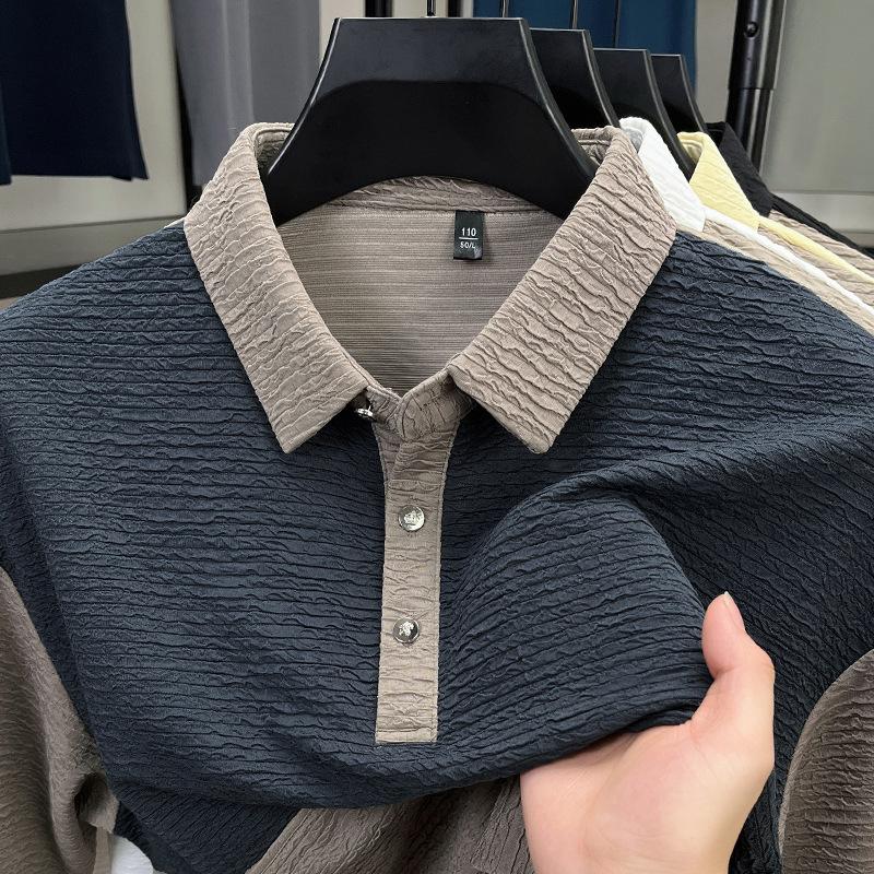 Classic Short-Sleeved T-Shirt Men'S High-End Breathable Non-Ironing Pullover Splicing Contrasting Color Lapel Half-Sleeved Polo Shirt