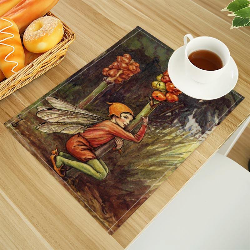 The Fairies Of The Winter Print Linen Dining Table Mats Alphabet Kitchen Placemat 30X45cm Coasters Pads Bowl Cup Mat