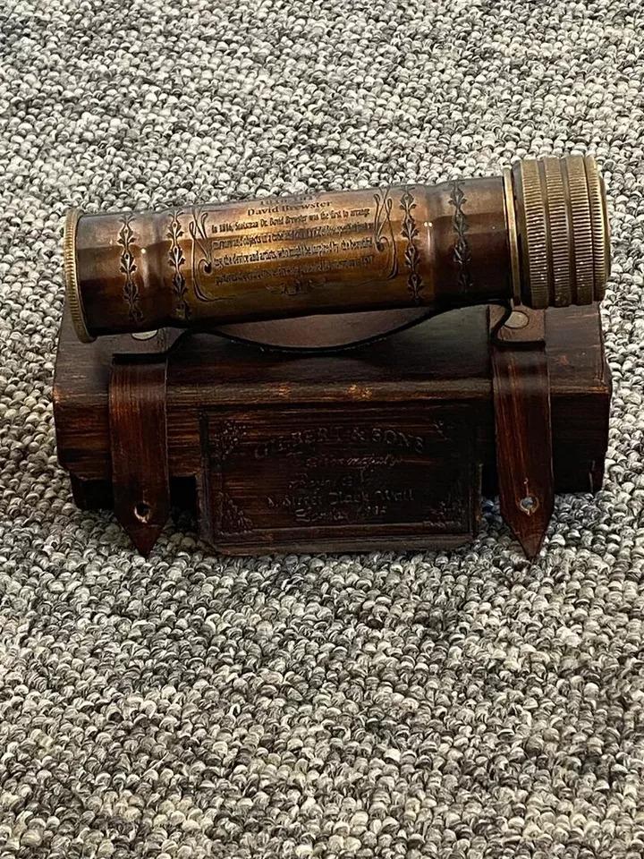 Vintage Antique Brass Kaleidoscope Illusion Prism Nautical Toy With Leather Box