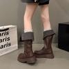 Brown retro British style thick heel platform boots women's 2025 new autumn but knee height knight boots