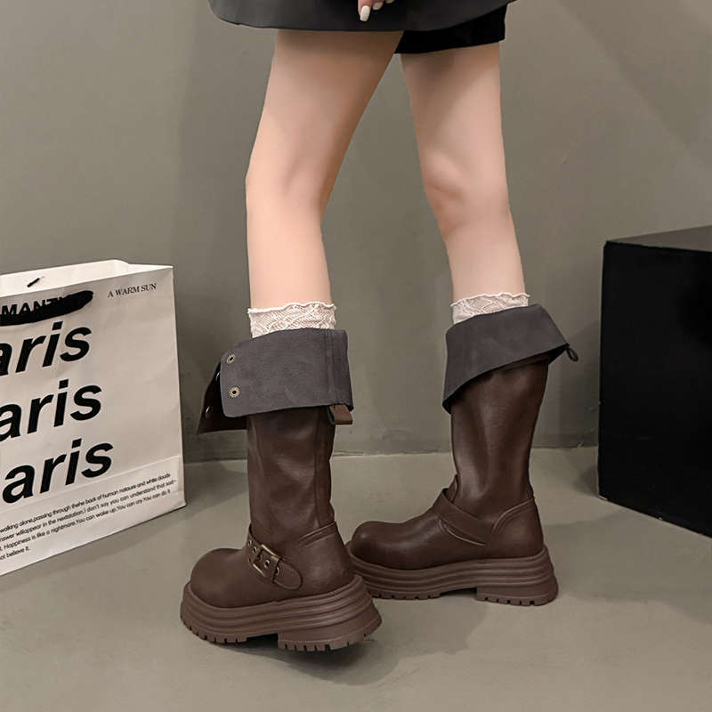 Brown retro British style thick heel platform boots women's 2025 new autumn but knee height knight boots