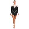 Stage Dance Bodysuit for Women - Latin Style with Tassels, Shiny Rhinestones & Sheer Mesh Long Sleeve Design