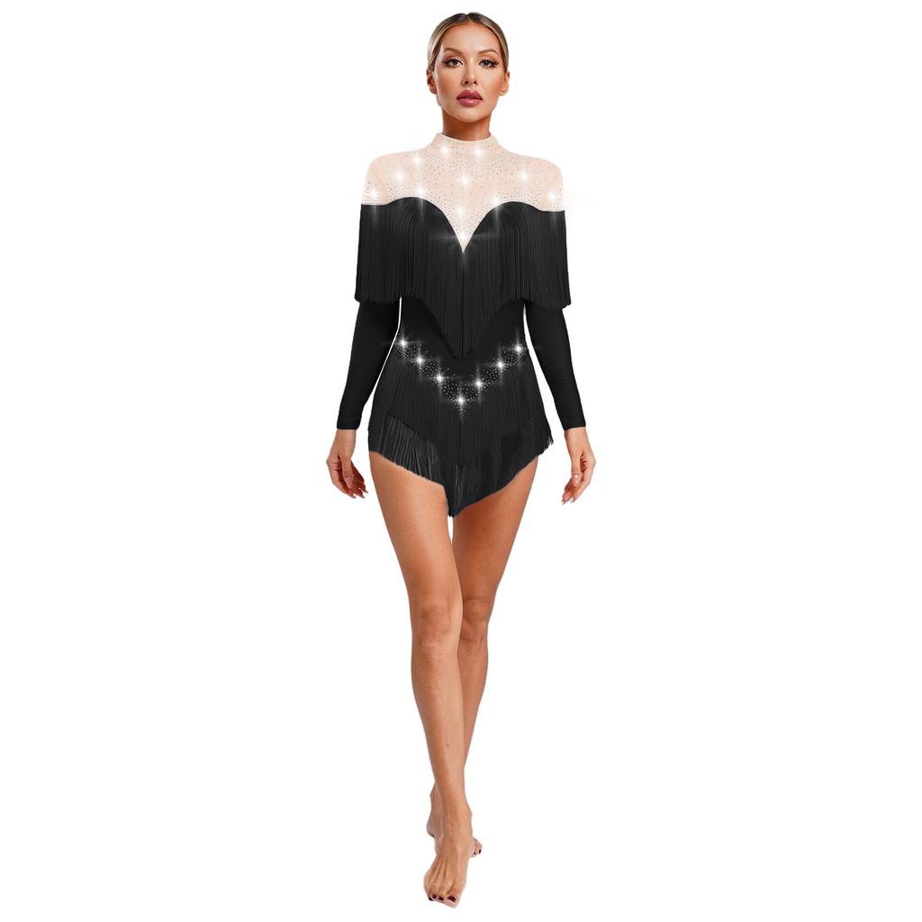Stage Dance Bodysuit for Women - Latin Style with Tassels, Shiny Rhinestones & Sheer Mesh Long Sleeve Design