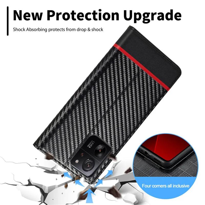 Carbon Fiber Flip Wallet Phone Case for Xiaomi 13T 12T 11T 11 Lite POCO X5 X4 X3 Pro Holder Cover Redmi Note 12 12S 11S 11 Pro