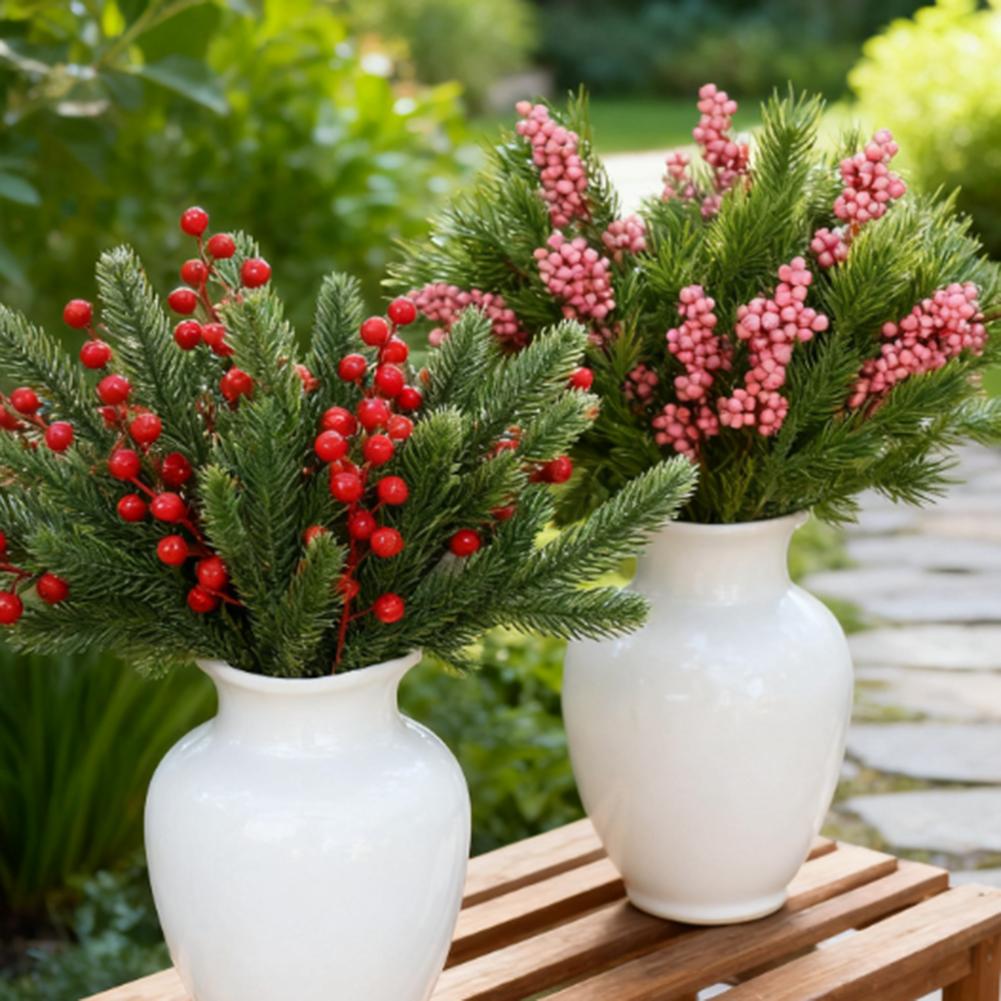 Artificial Pine Needle Branches with Berries for Christmas Holiday DIY Decoration Lightweight Flexible Material Set