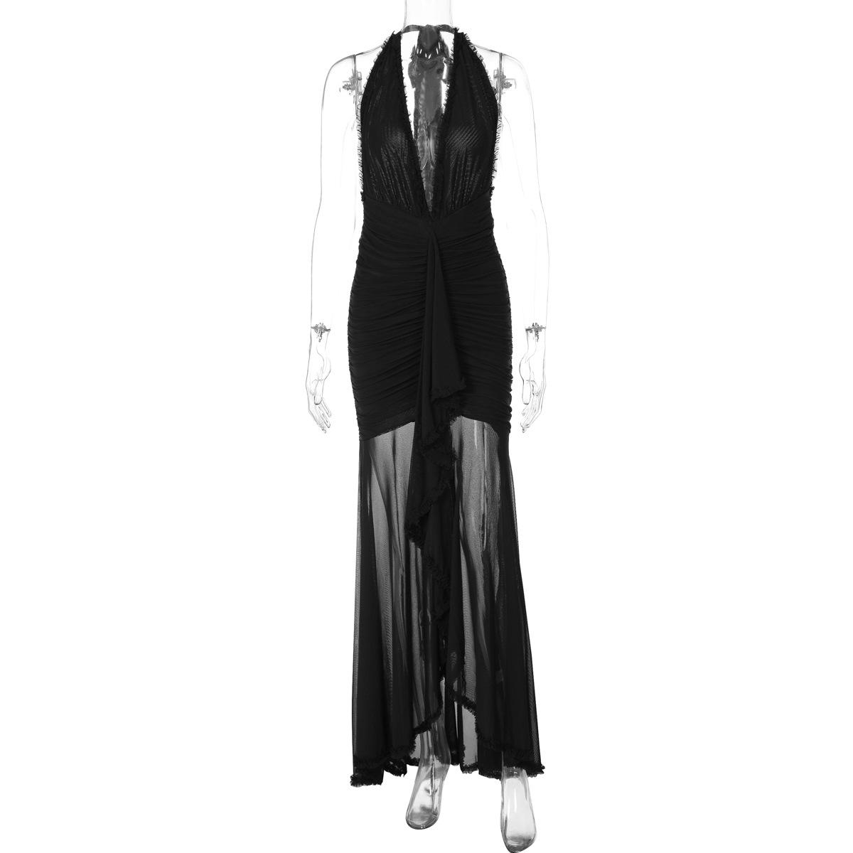 Europe, America 2026 summer new mesh splicing temperament dress long dress V-neck neck backless sexy dress women S