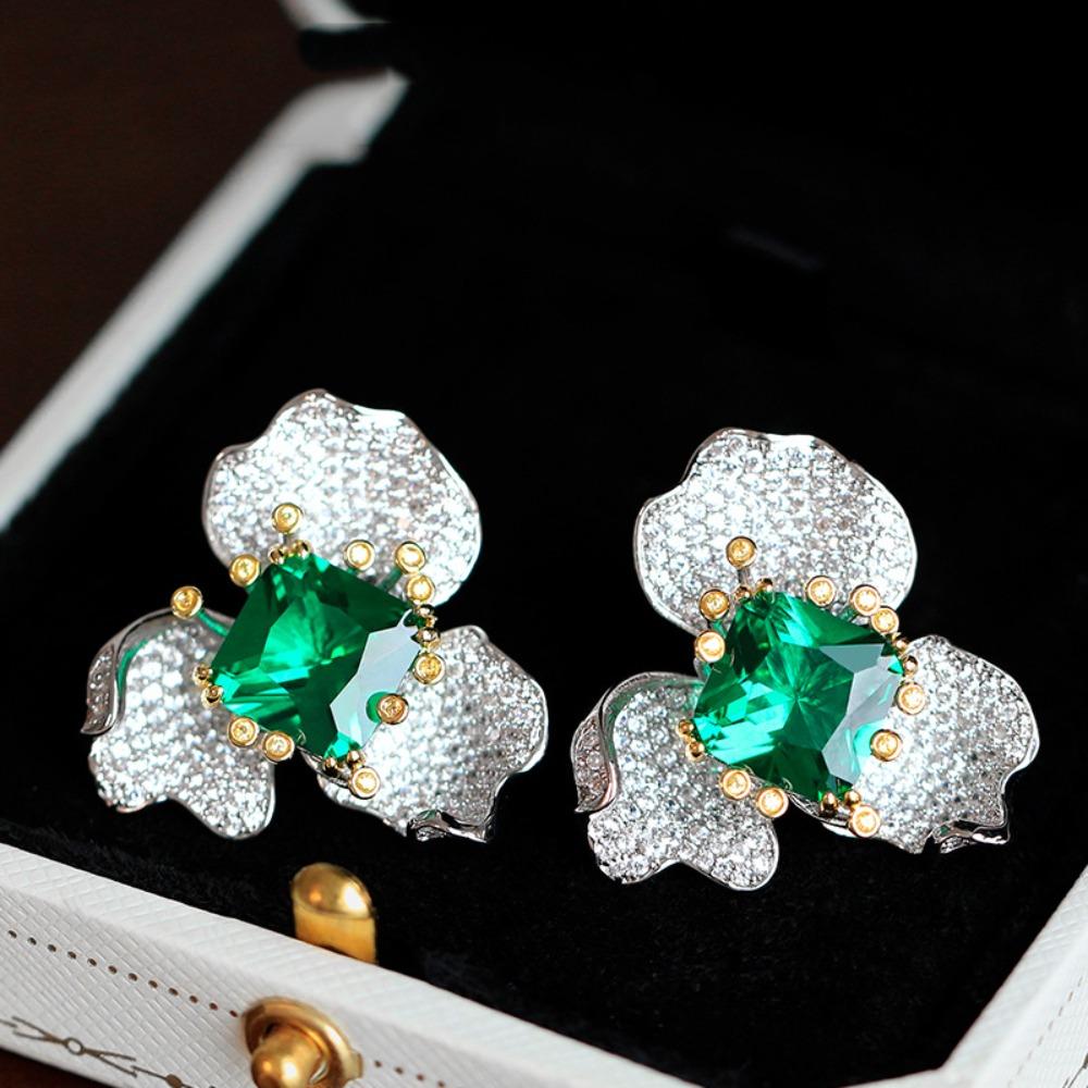 Women Jewelry Set Green Emerald Imitation Flower Earrings Elegant Necklace Ring Sophisticated Fashion Accessories
