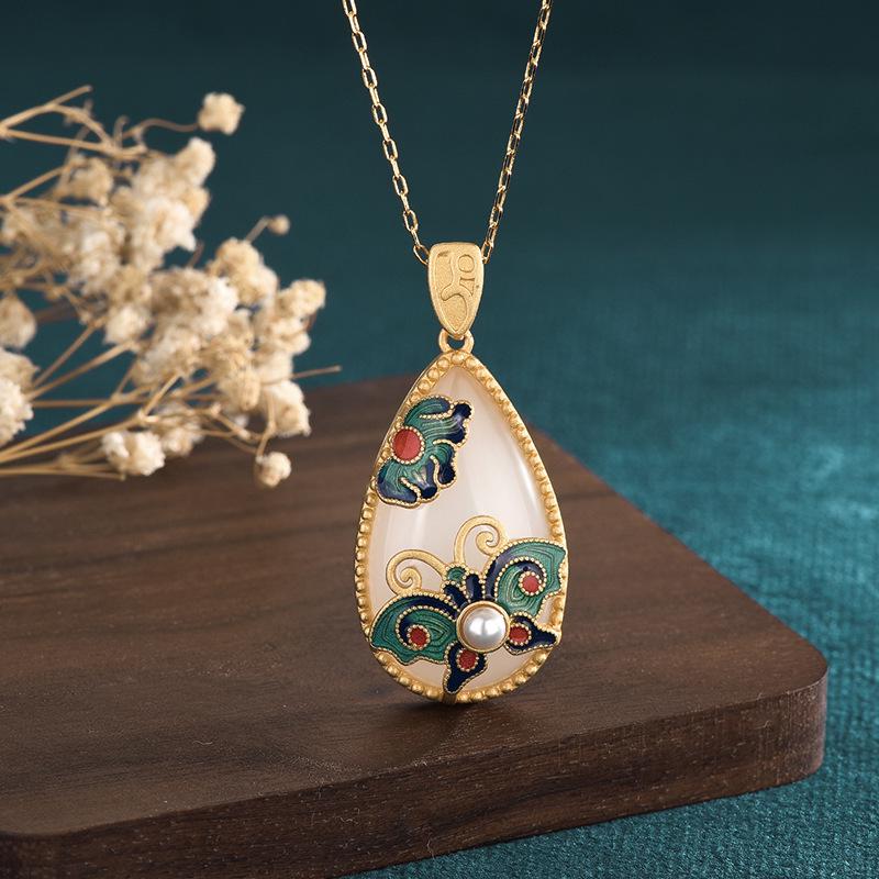 Cloisonné Enamel Necklace with 24K Gold-Plated Copper and Imitation Hetian Jade Pendant: Chinese Style Qipao Hanfu Accessory