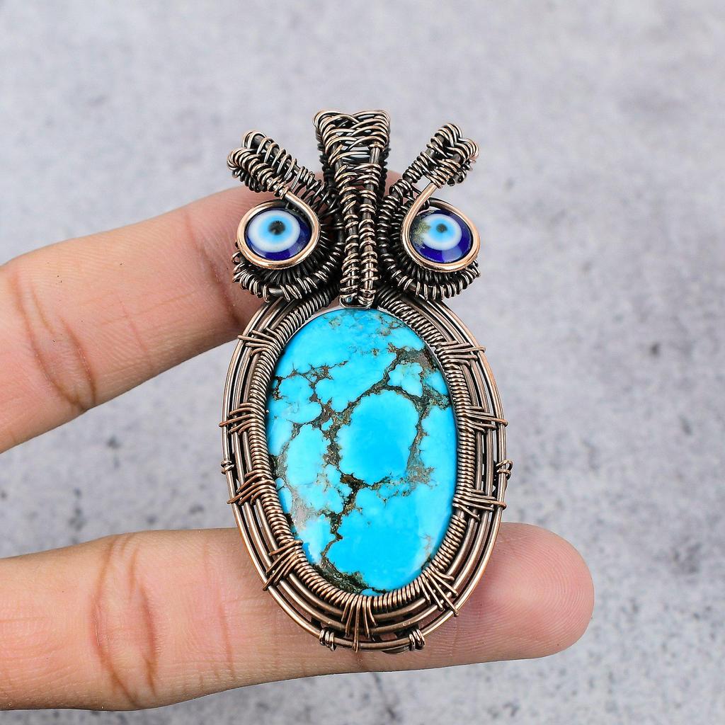 Tibetan Turquoise & Blue Evil Eye Pendant, 999 Copper Wire Wrapped Gemstone Jewelry, Handmade Pendant, For Thanksgiving