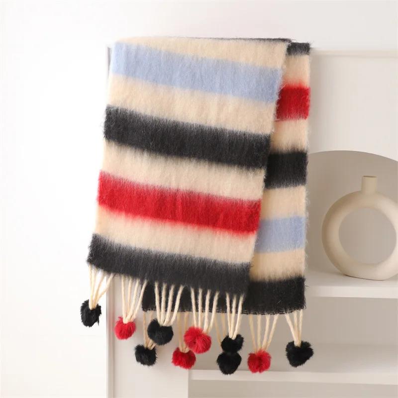 Women Cute Winter Warm Thicken Scarf Men Cashmere Imitation Scarves Fashion Girls Soft Fringed Hairball Holiday Gifts Cold Proof