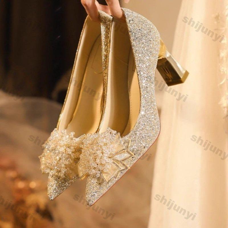 Fashion Rhinestone Women Shoes 2025 Spring Summer New Sequined Large Size Flowers High Heels Fashion Breathable Pointed Toe Bridal Shoes
