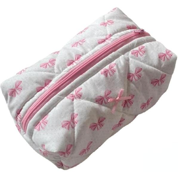 Cute Quilted Bow Y2k Makeup Bag Coquette Small Pouch Preppy Floral Heart Cosmetic Bag Toiletry Organizer Bag (Color03)
