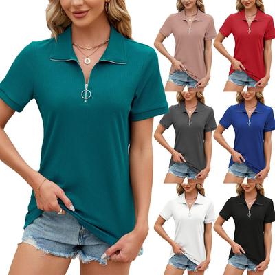 Summer Women's T-shirt Zipper-lapel Loose Solid Color Tees Blouses