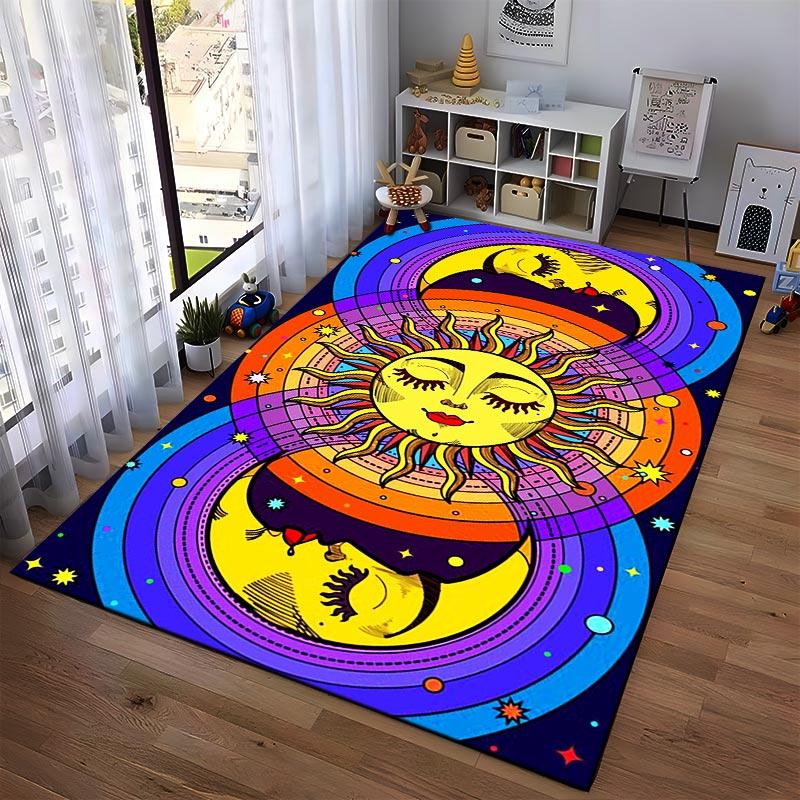 Colorful Sun and Moon Pattern Carpet with Psychedelic Boho Design Suitable for Use As an Anti-slip for Living Room Bedroom Sofas