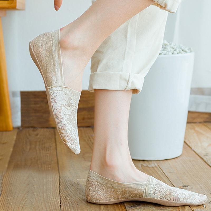 2 Pairs Women Girls Summer Socks Girl Lace Boat Socks Non-slip Silicone Cotton Sock Soft No Show Sock Slippers