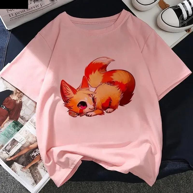 Kawaii Fox Print Ladies Tshirt Ladies Casual Basis Ocollar White T Shirt Short Sleeve Ladies Tshirt Cute Animal Graphics Tops