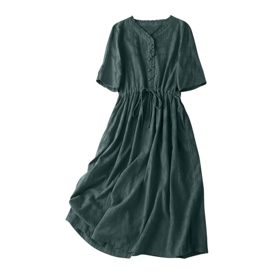Women Cotton Linen Dress Short Sleeve V Neck Buttons Tie Waist Midi Dress Summer Casual Boho A-Line Flowy Dress