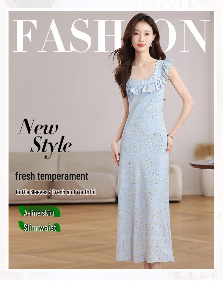 French Retro Floral Midi Dress - Elegant Ruffle Skirt for Summer Vacation