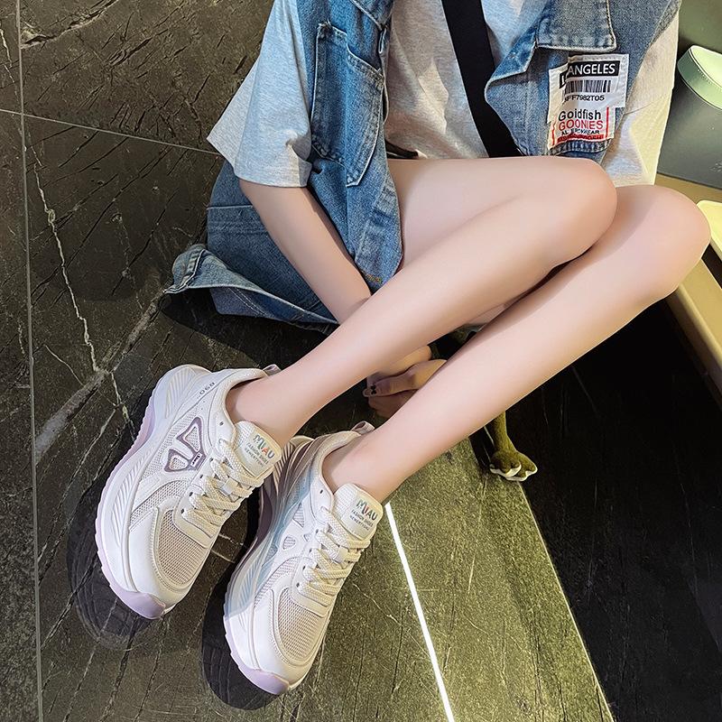 Leather dad shoes women's summer new fried street sports and leisure shoes thick sole heightening single net breathable running shoes