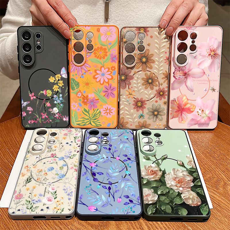 Magnetic For Magsafe Case For Samsung Galaxy S26 Ultra S25 Edge S24 Plus S23 FE S22 A17 A54 A55 A56 A57 5G Pink Lily Daisies Floral Cover