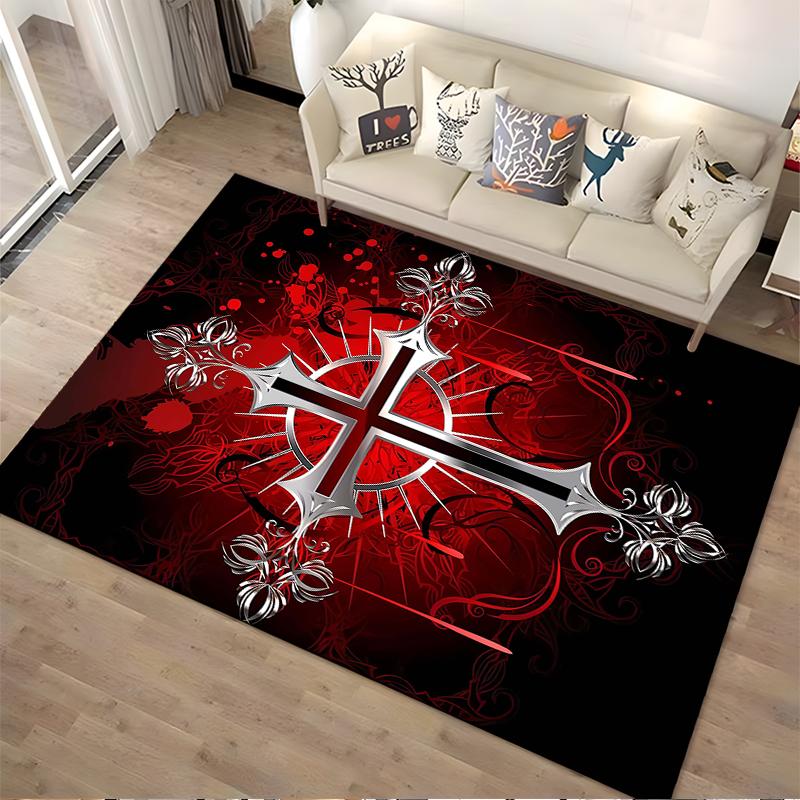 Red and Black Gothic Cross Carpet with Baroque Floral Pattern Design Suitable for use as an anti-slip for living room bedroom sofas