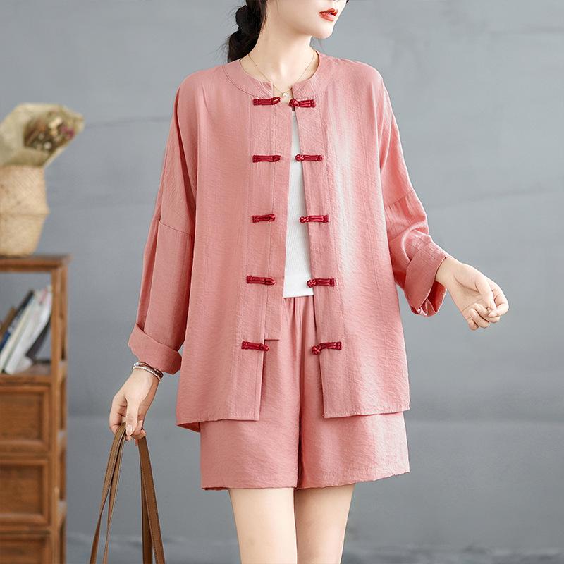 

Chinese Frog Button Cotton Linen Shirt and Shorts Summer Set for Women Extra Large розовый