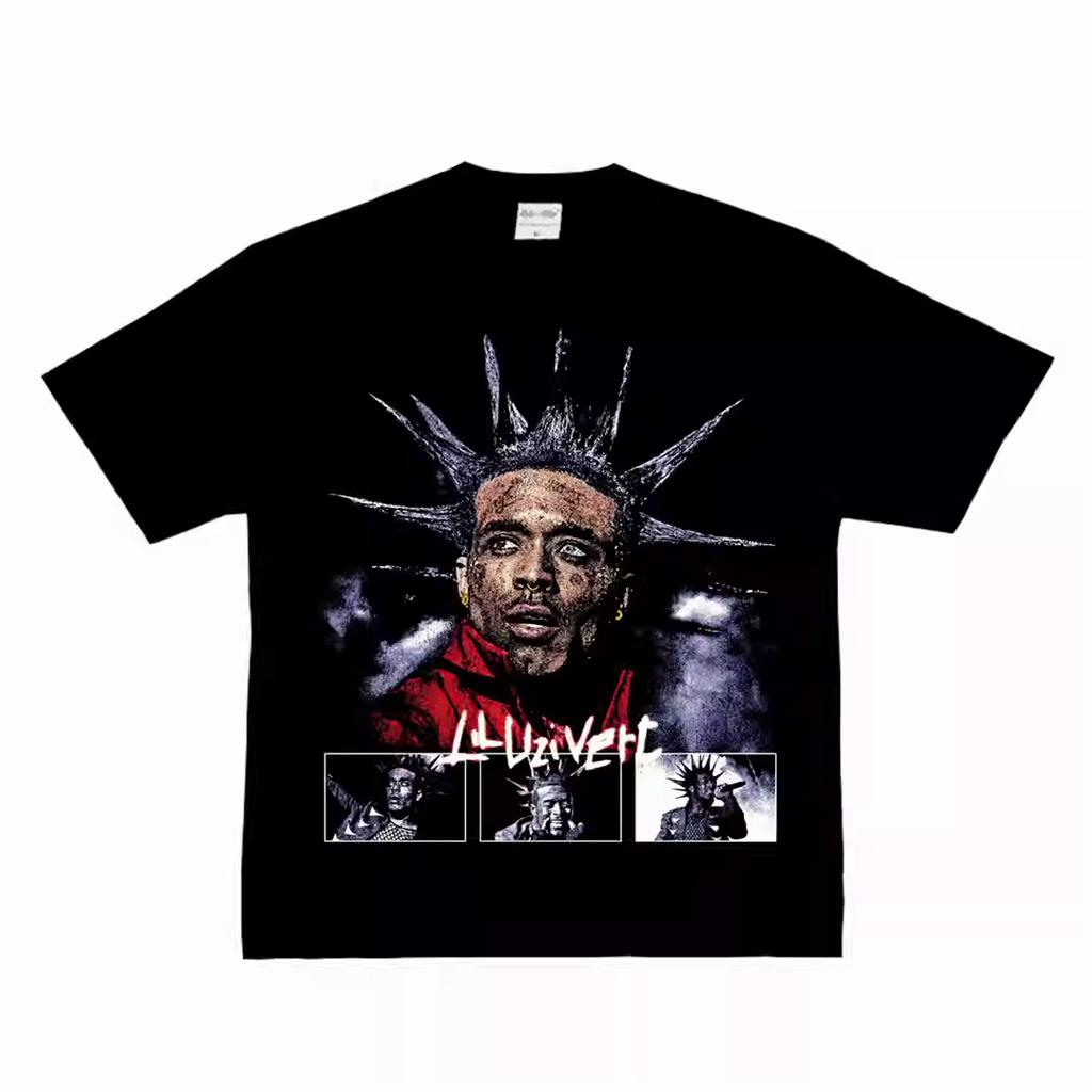 T-shirt Grafica Lil Uzi Vert Capelli Borchiati Cotone Lavato Estetica Punk Rap Unisex Girocollo Largo Streetwear Magliette Casual Estive