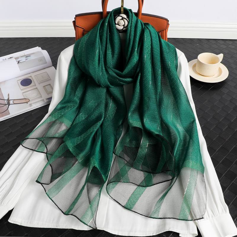 Fashion Stripe Women Silk Scarf Thin Summer Lady Beach Shawl Scarves With Gold Thread Muslim Foulard Female Hijab Headscarf