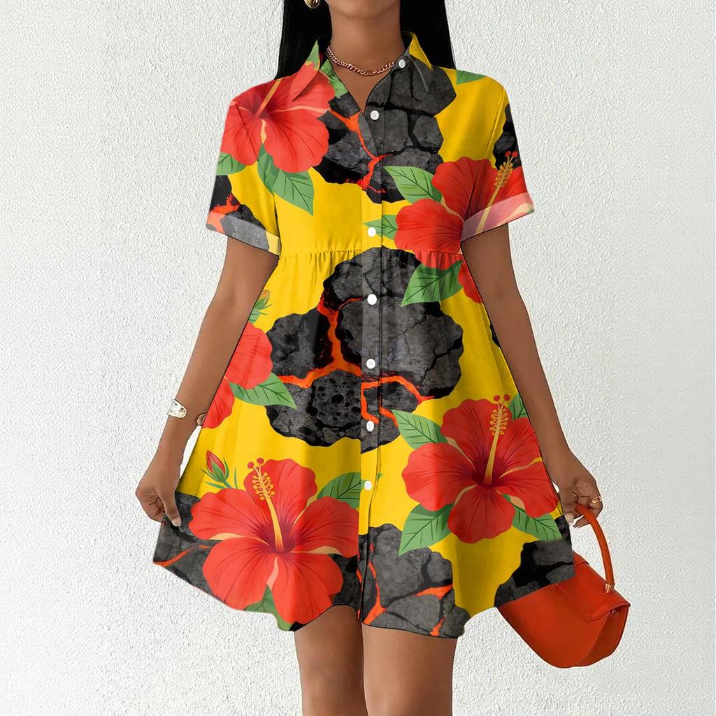 Women Casual Loose Fit Shirt Dress Button Front Stand Collar Short Sleeve Hawaiian Print Summer Dress