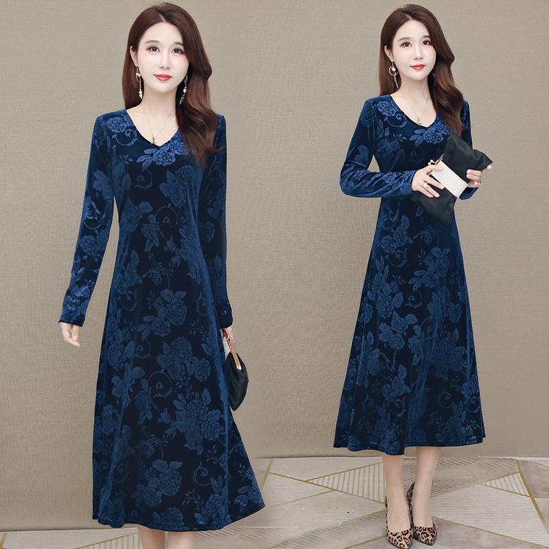 Golden Velvet D Printed Dress Women's Spring, Autumn and Winter Large Size Temperament Skinny Mom Dress