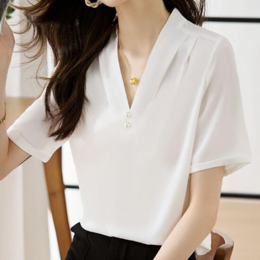 NaVaVa Women Pearl Point Thin V Neck Short sleeVe Blouse Nb2121