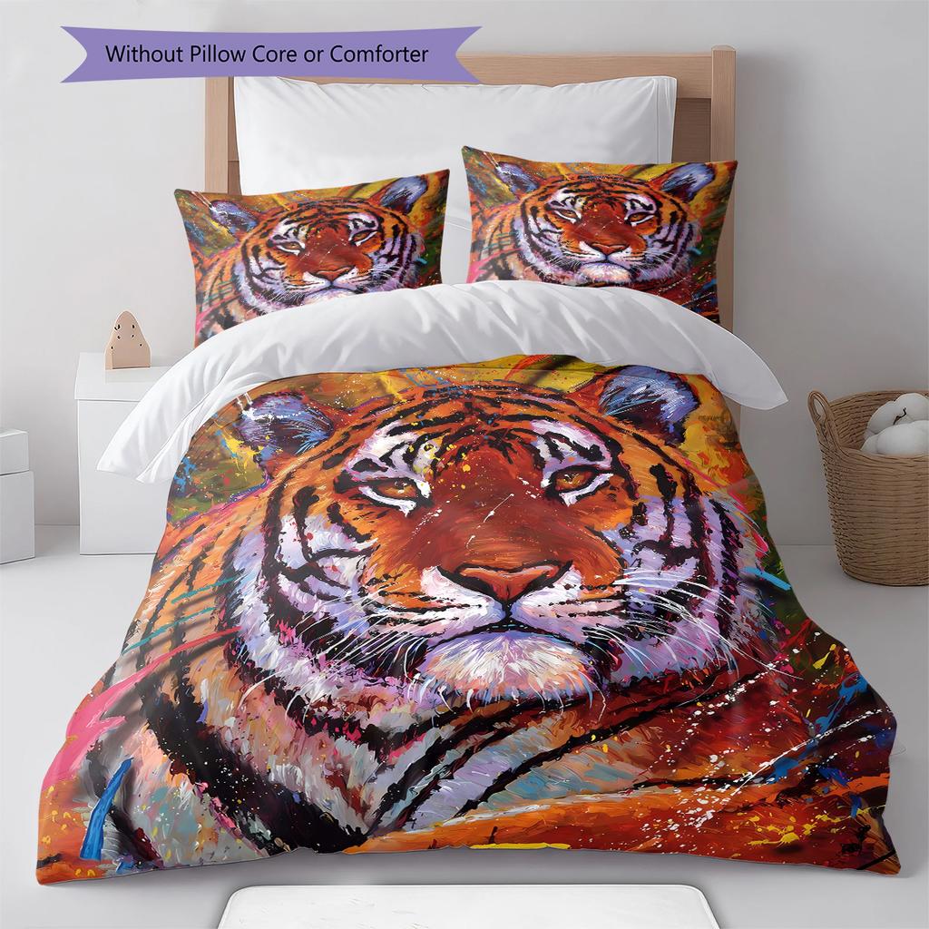 Tiger Fox Art Pattern Bedding Quilt Set Quilt Cover Pillowcase Home Decoration Gift (1 * Duvet Cover + 2 * Pillowcase, Without Core)