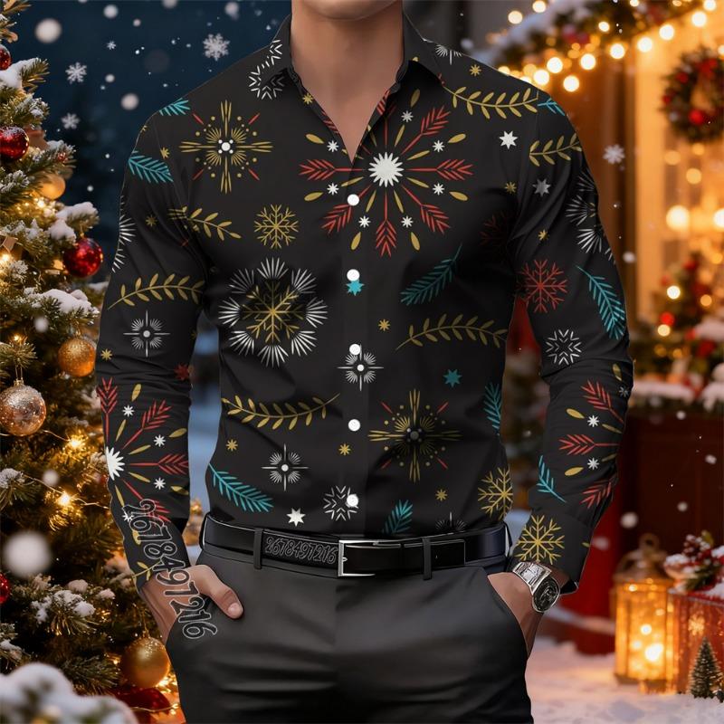 Christmas Luxury Men's Printed Long Sleeve Shirt Fashion Casual New Year Christmas Comfortable High Quality Men's Lapel Tops