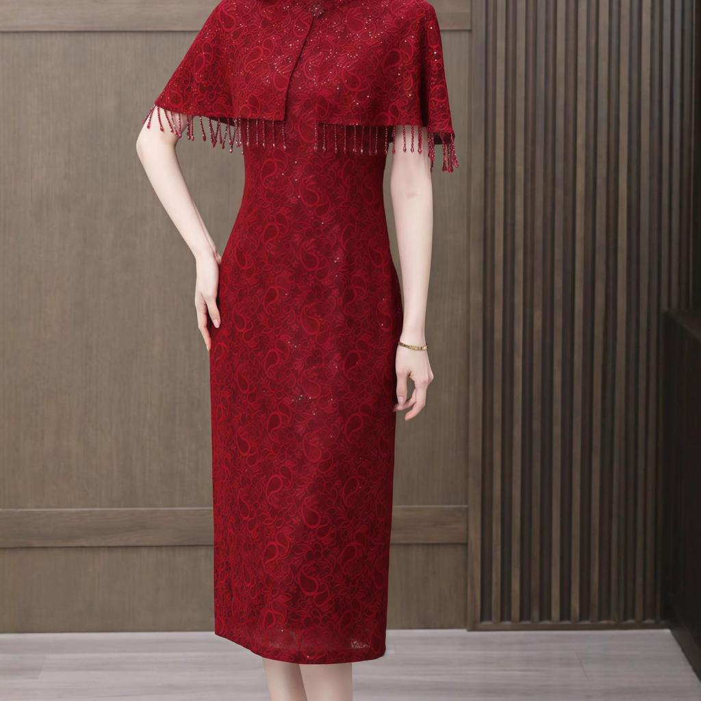 Luxusní večerní šaty ve stylu šálu s pasem staženým páskem pro matku nevěsty