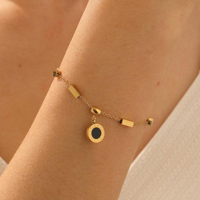 Gold Plated Stainless Steel Roman Numeral Pendant Bracelet for Women