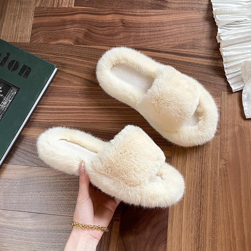 Height-increasing thick-soled fluffy slippers women's autumn and winter outer wear fluffy shoes one-word ins home home plush drag spring and summer