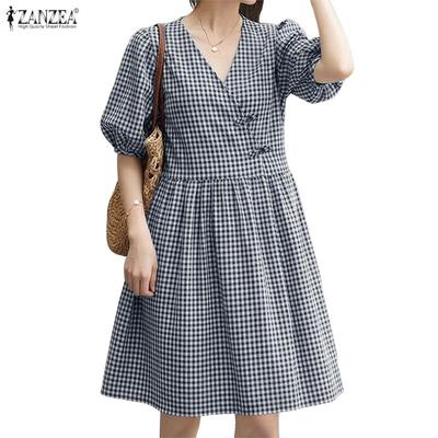 Women Casual V-Neck Loose Grid Print Summer Short Sleeve Dress