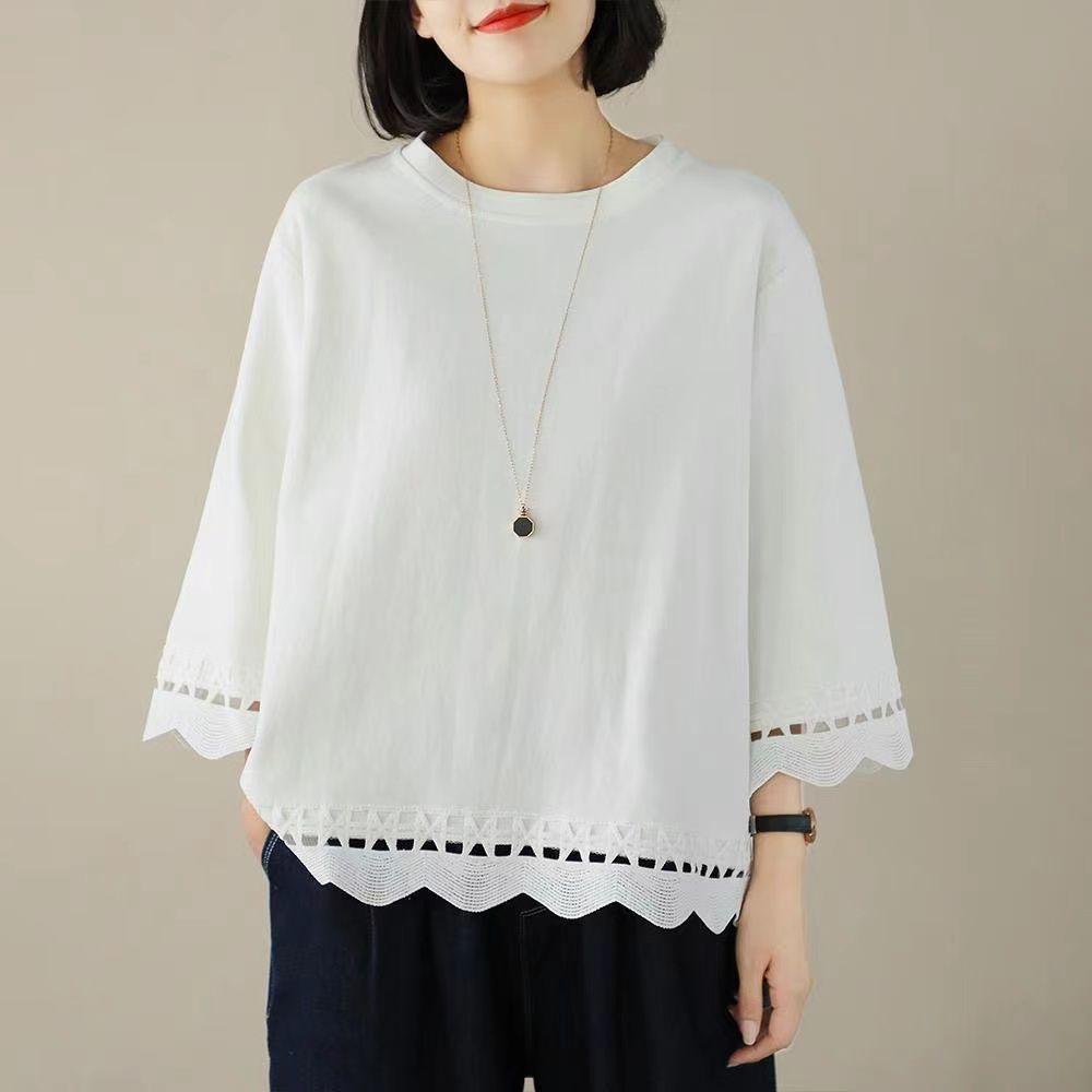 

Женские винтажные простые повседневные универсальные хлопковые футболки, корейская мода, свободный топ с рукавами три четверти, женская одежда XXXXXL белый