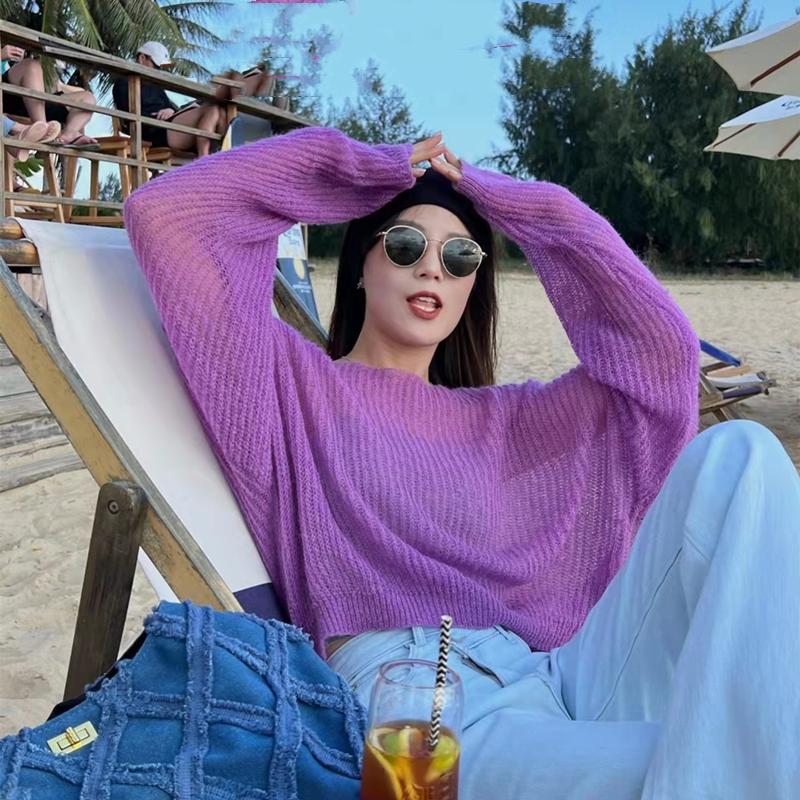 Women's Knitted Sweaters Thin See Through Casual Oversized Long Sleeve Sweater Lady Sexy Hollow Out Mesh Pullover Beach T-shirts