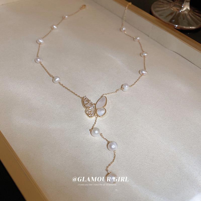 100% Natural Freshwater Pearl 14K Gold Filled Trendy Butterfly Shiny Crystal Female Pendant Necklace For Women Chains