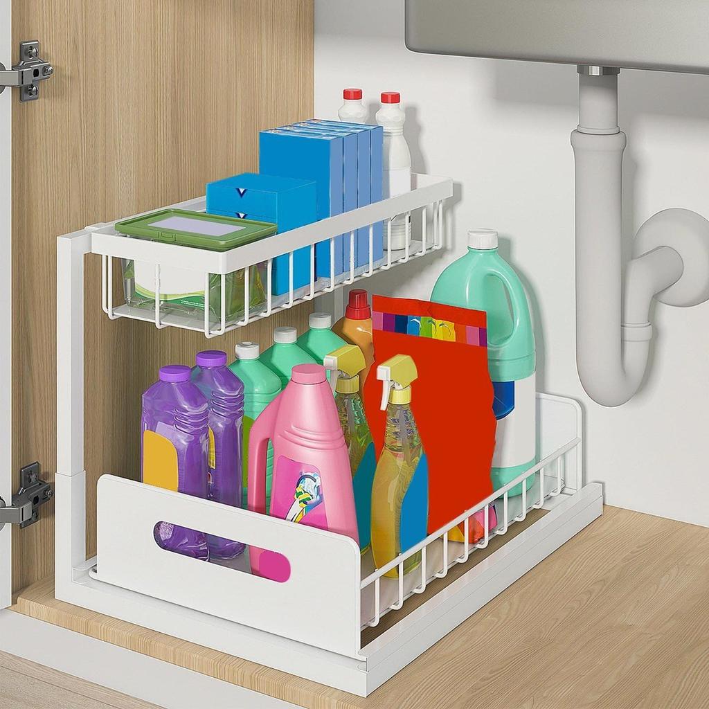 2 Tier Under Sink and Storage, Under Sink Organizer, Slide Out Pull Out Cabinet Organizer Shelf, Metal Sliding Drawer