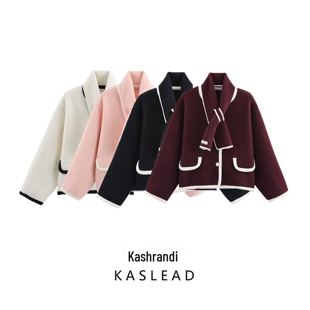 

2024 Winter Women s European & American Style Color Block Knitted Snood Cardigan Large червоний