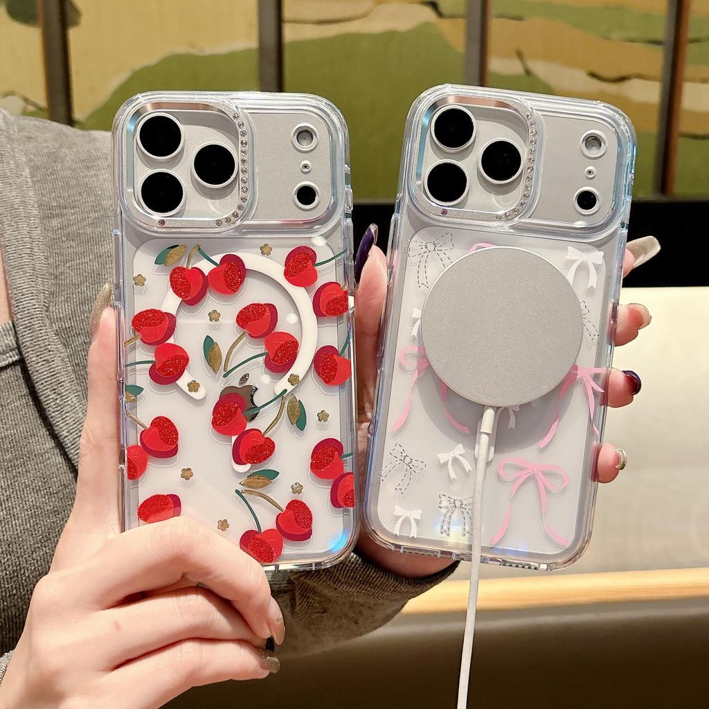 Floral Transparent Magnetic Bow Diamond Lens Case for iPhone 17 Pro Max