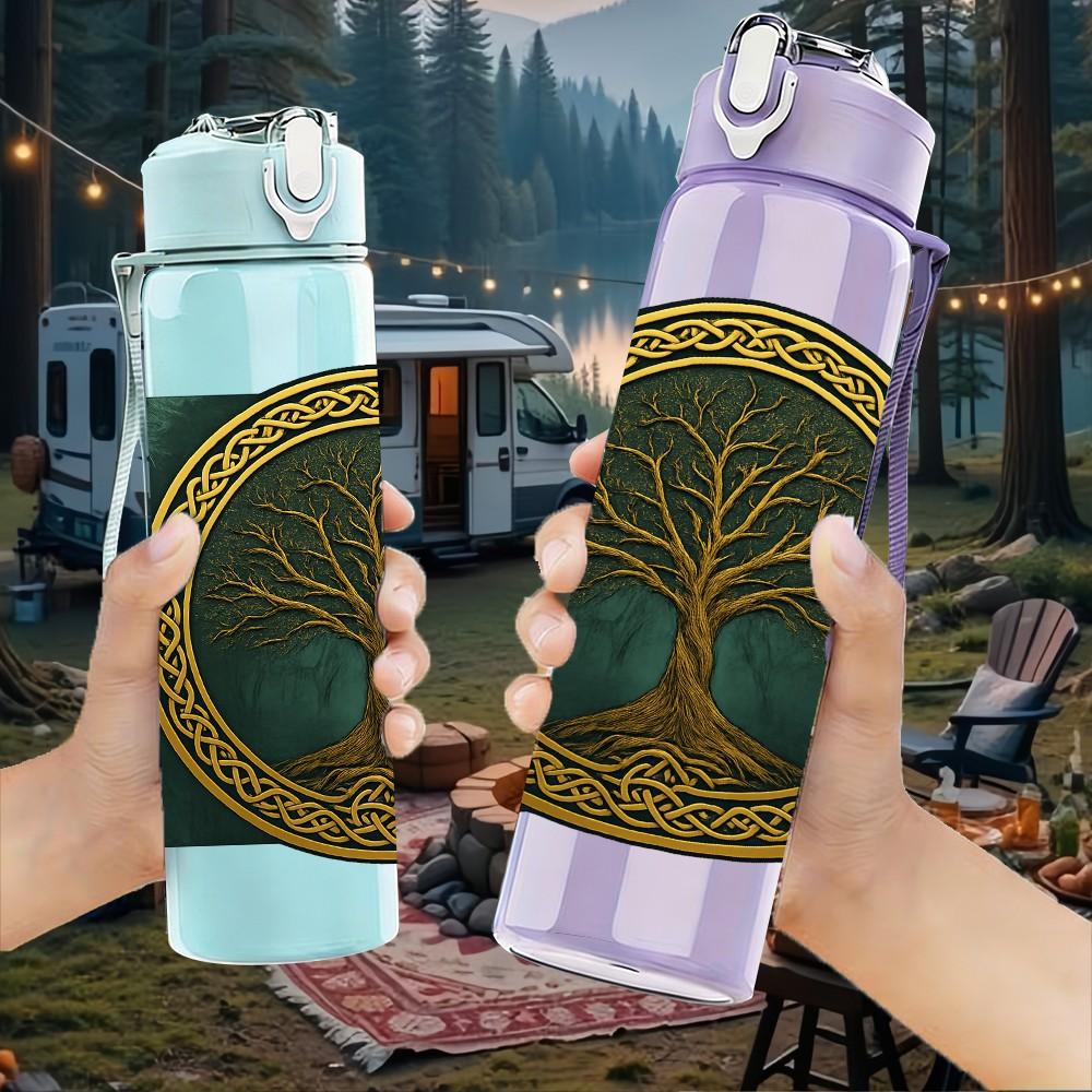 1PC Round Tree Of Life Ornament 750ml Color Plastic Sports Water Bottle Leakproof Flip Straw Lid For Sports Office Home Use