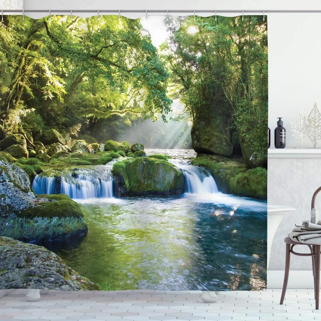 unframed Tropical Forest Shower Curtain, Nature Scenery Green Tundra Forest Waterfall River Animal Bridge, Bathroom Decorative