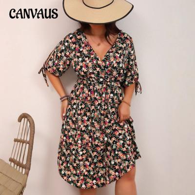 Plus Size Women's Elegant Temperament V Neck Waist Patchwork Floral Dress
