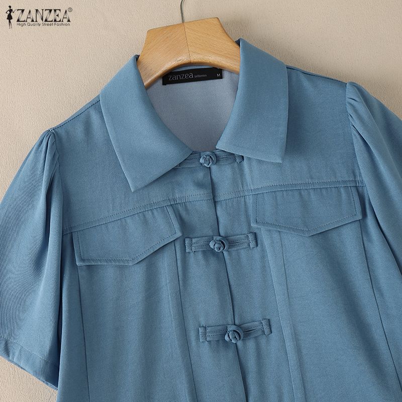 ZANZEA Camicetta estiva a maniche corte con colletto rovesciato casual da donna