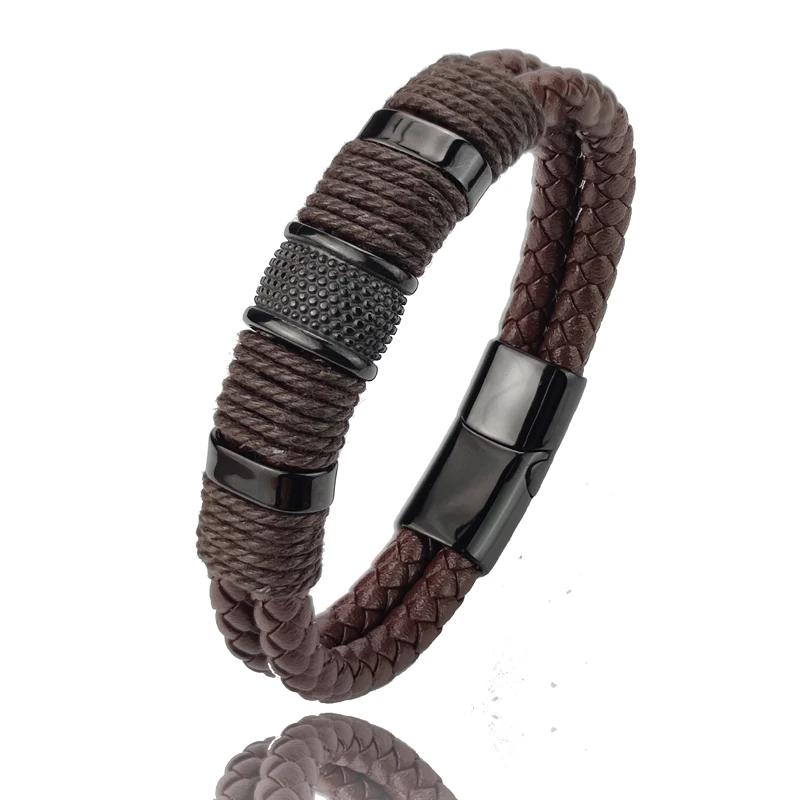 Luxury Vintage Brown Leather Men Bracelet Stainless Steel Bead Wrist Bangle Christmas Gifts for Him