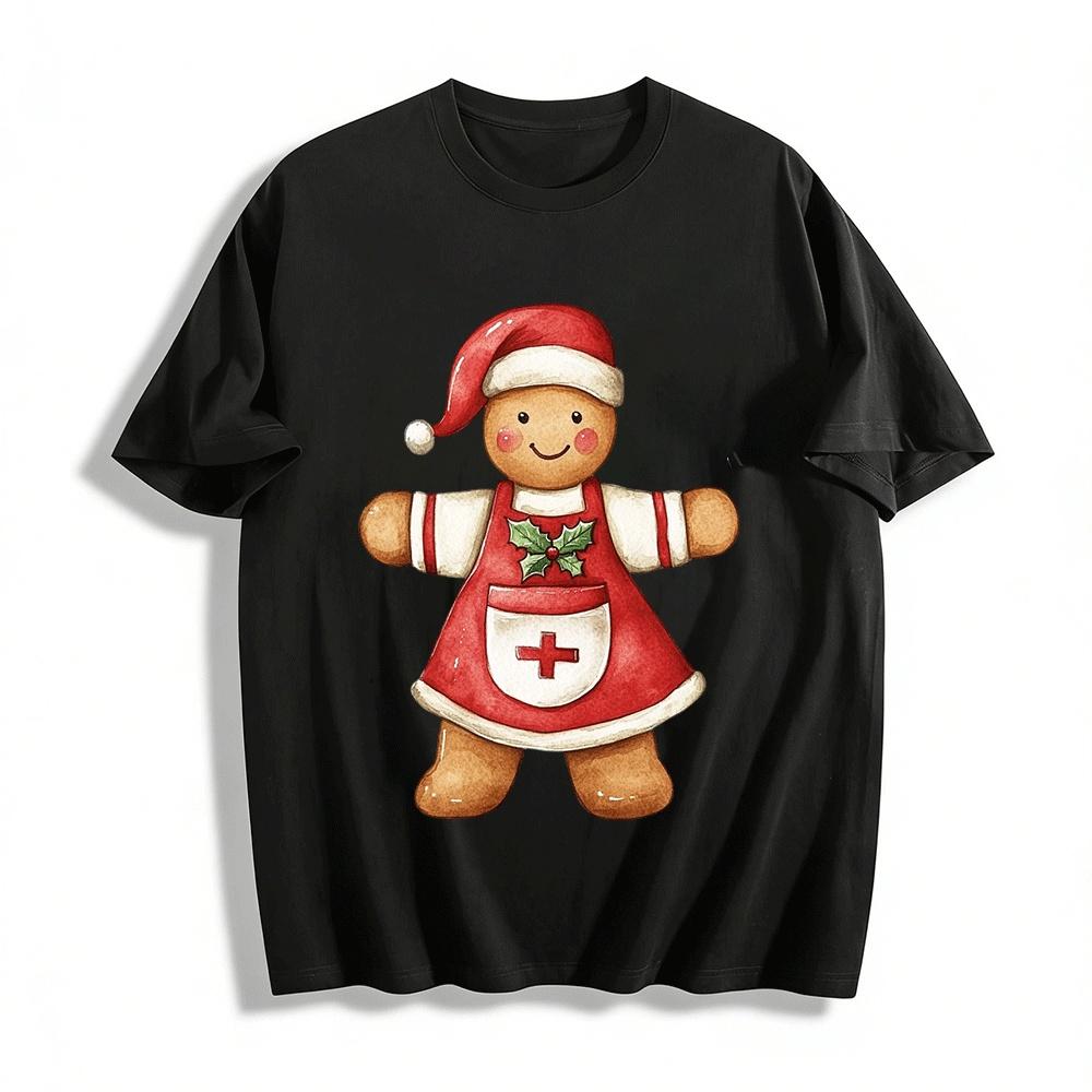 Christmas Themed Gingerbread Nurse Print Casual Top Pure cotton T-shirt XXS